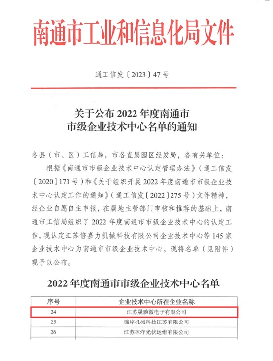 熱烈祝賀晟馳微電子通過南通市市級(jí)企業(yè)技術(shù)中心認(rèn)定.jpg